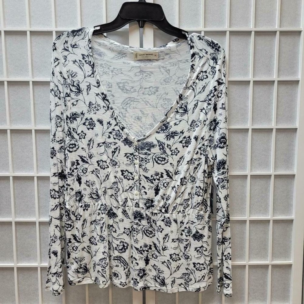 Lucky Brand Relaxed Fit Peplum V-Neck Top Women's Size Medium Long Sleeve NWT